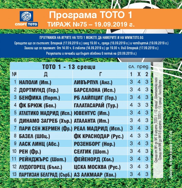Футболни срещи от Шампионска лига и Лига Европа в тираж №75 на „Тото 1 - 13 срещи“