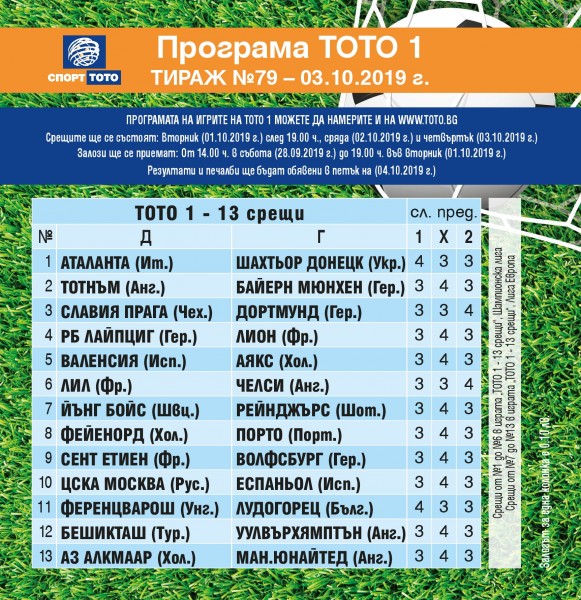 Футболни срещи от Шампионска лига и Лига Европа в тираж №79 на „Тото 1 - 13 срещи“